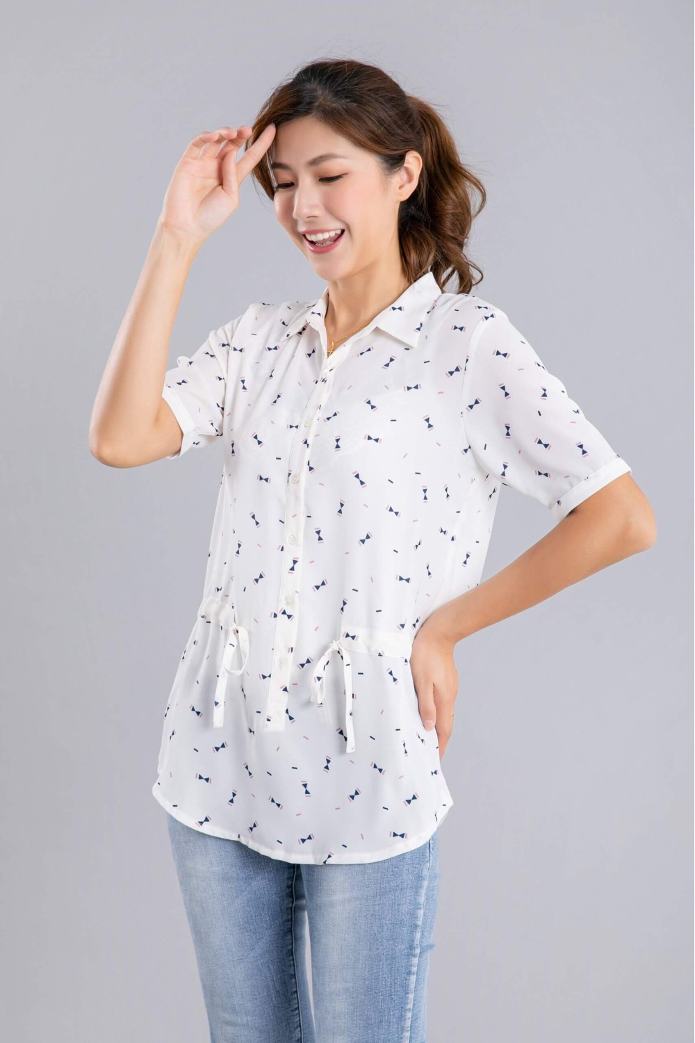 Tie Waist Little Bow Long Blouse Tie Waist Little Bow Long Blouse