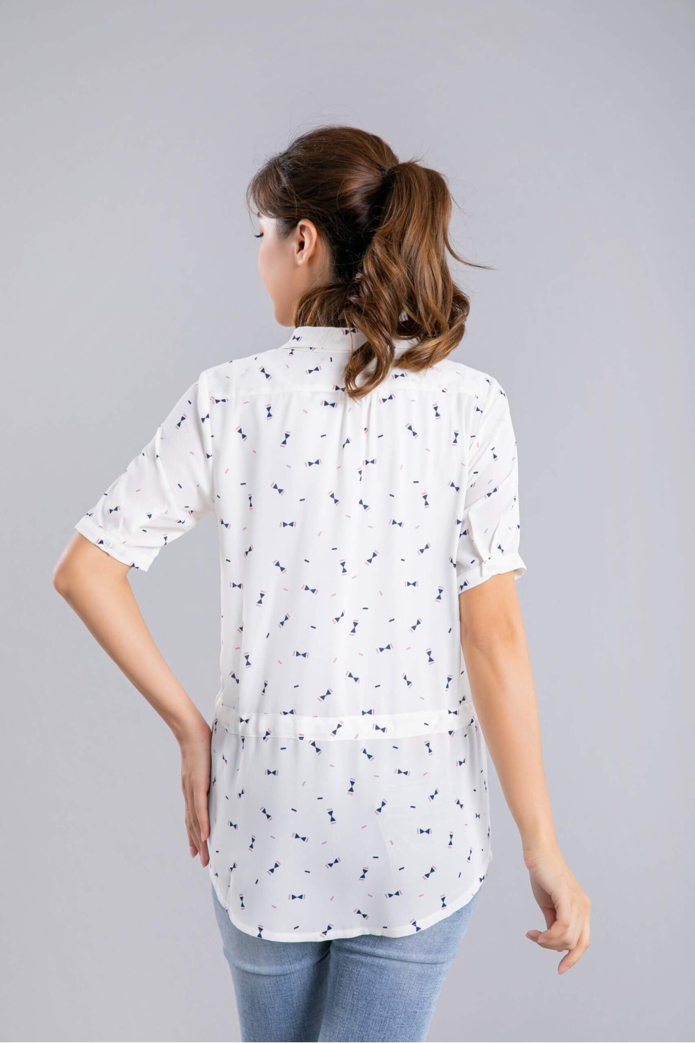 Tie Waist Little Bow Long Blouse Tie Waist Little Bow Long Blouse