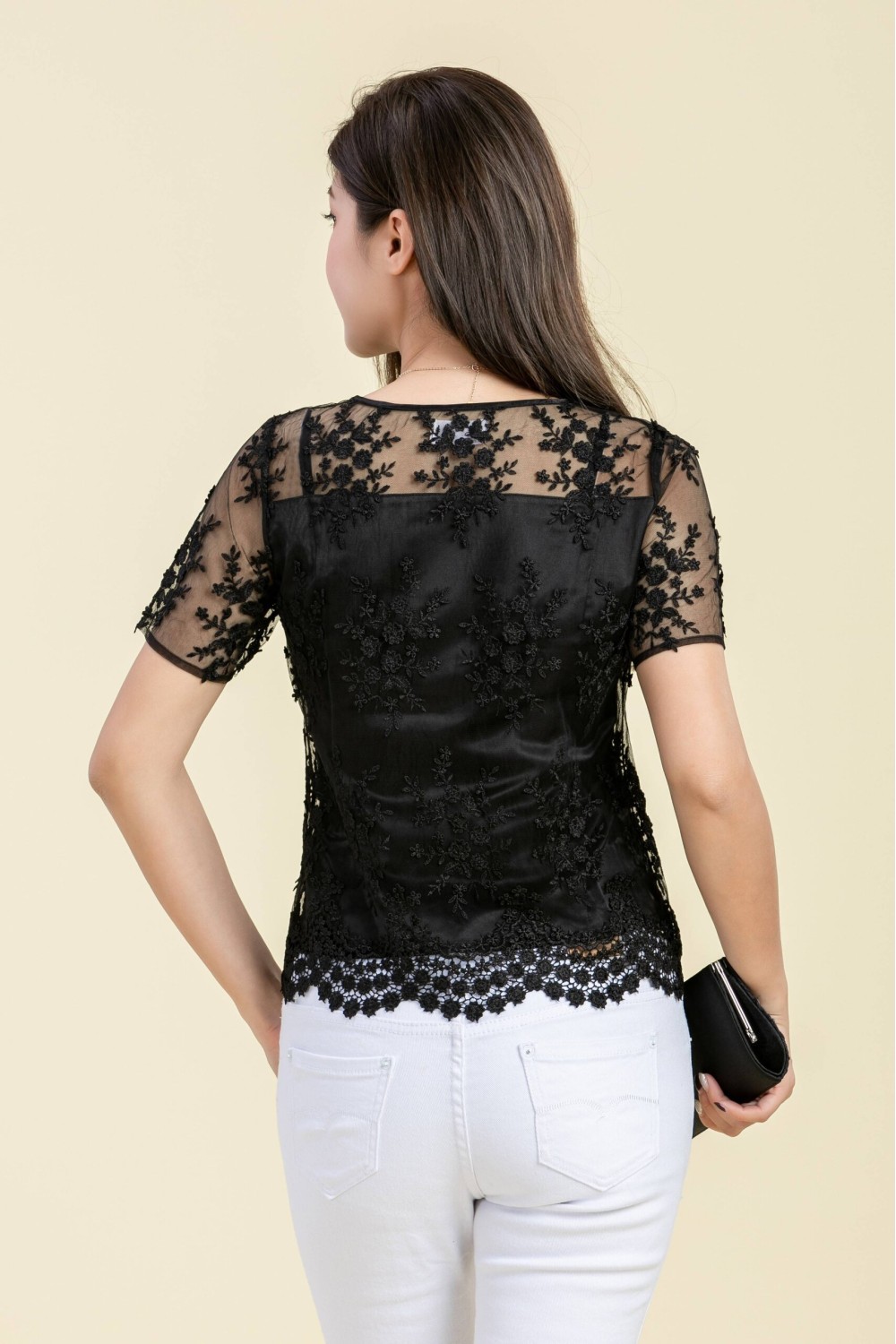 Scalloped Lace Satin Blouse