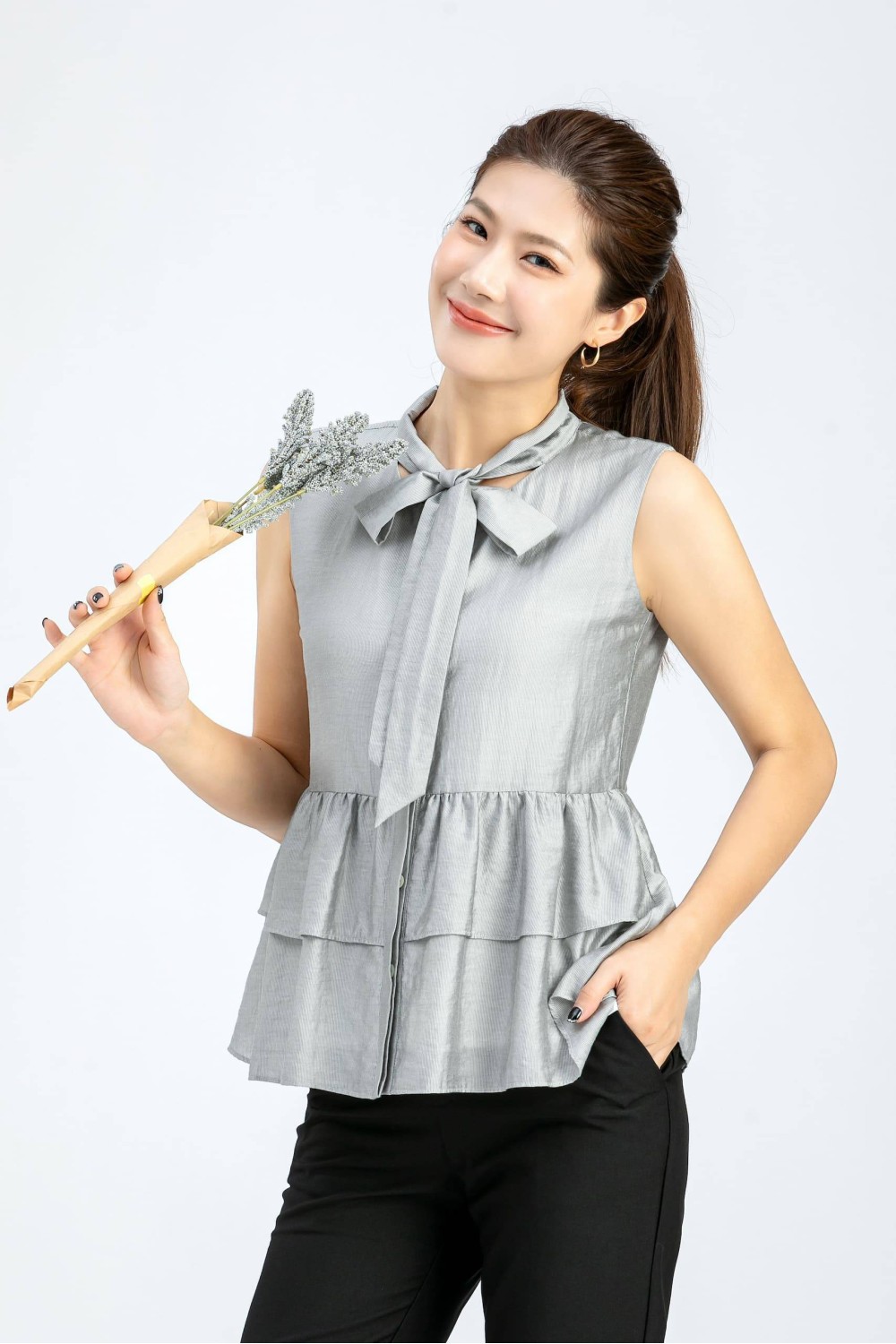 Tie Collar Sleeveless Top W/Lotus Leaf Tie Collar Sleeveless Top W/Lotus Leaf