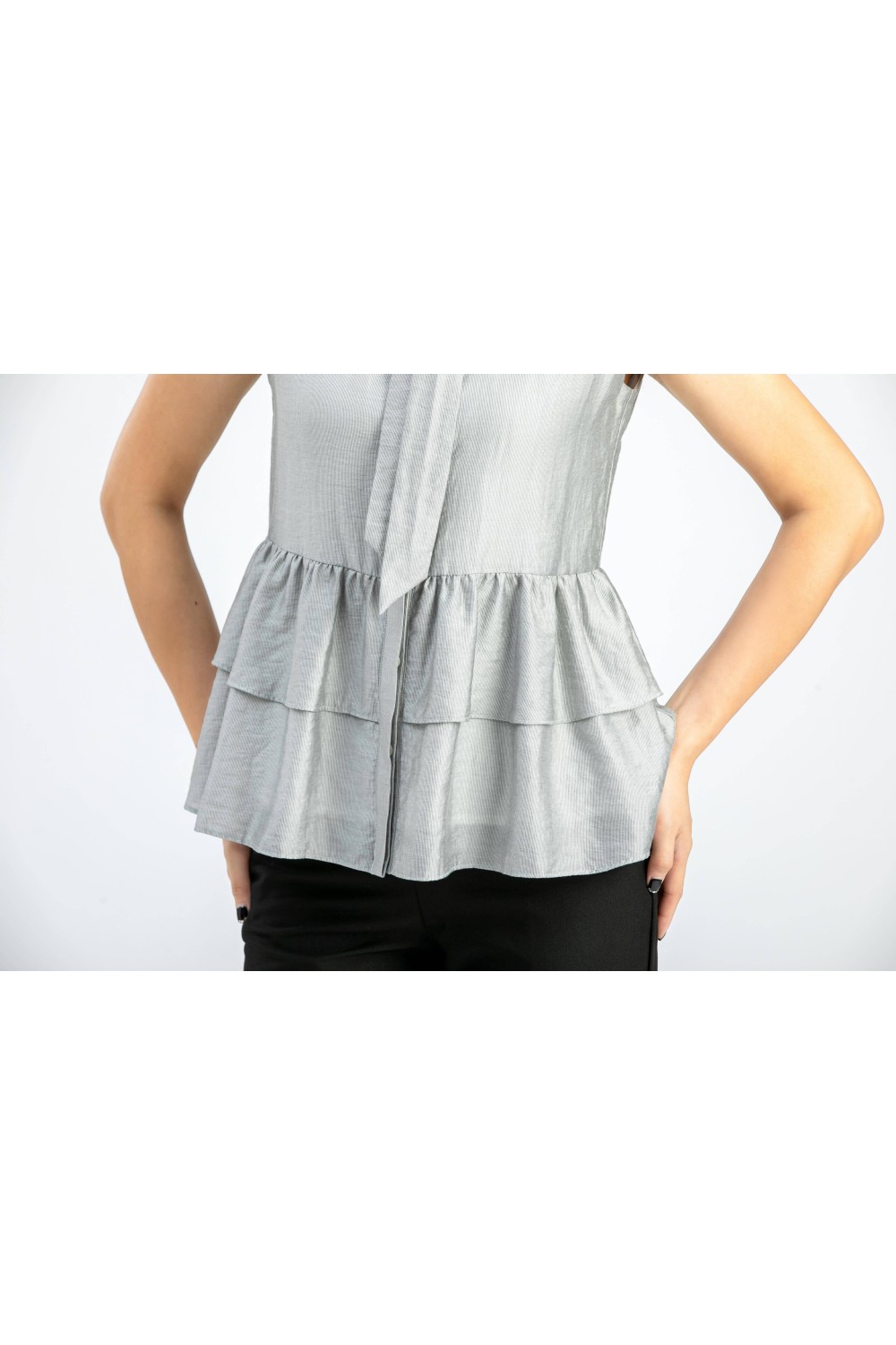 Tie Collar Sleeveless Top W/Lotus Leaf Tie Collar Sleeveless Top W/Lotus Leaf