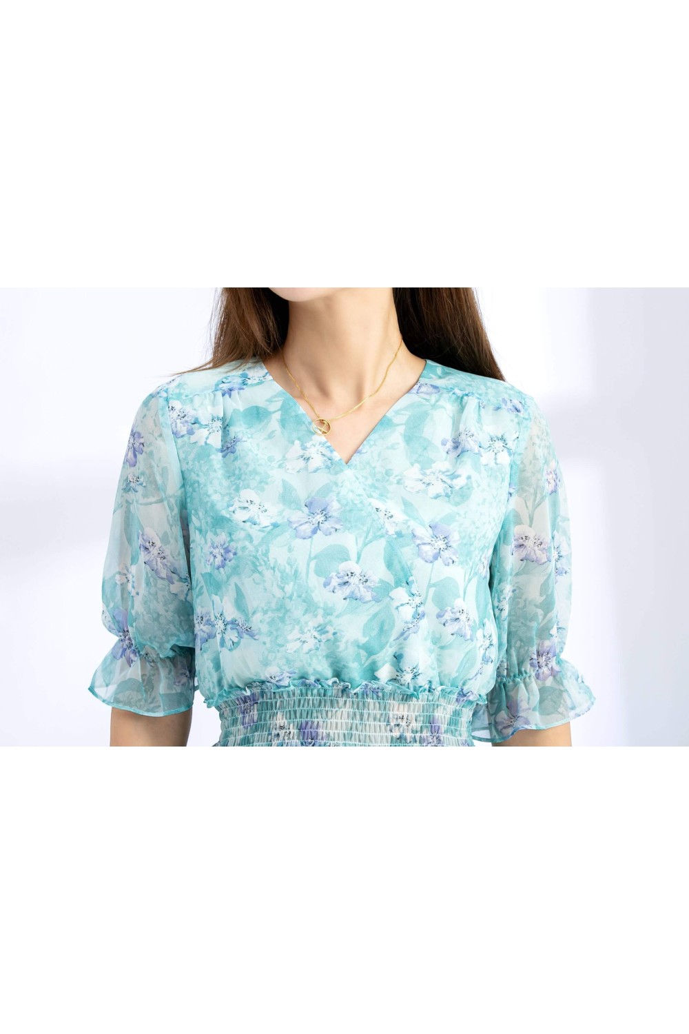 Chiffon Floral Mid-Sleeved Dress Chiffon Floral Mid-Sleeved Dress