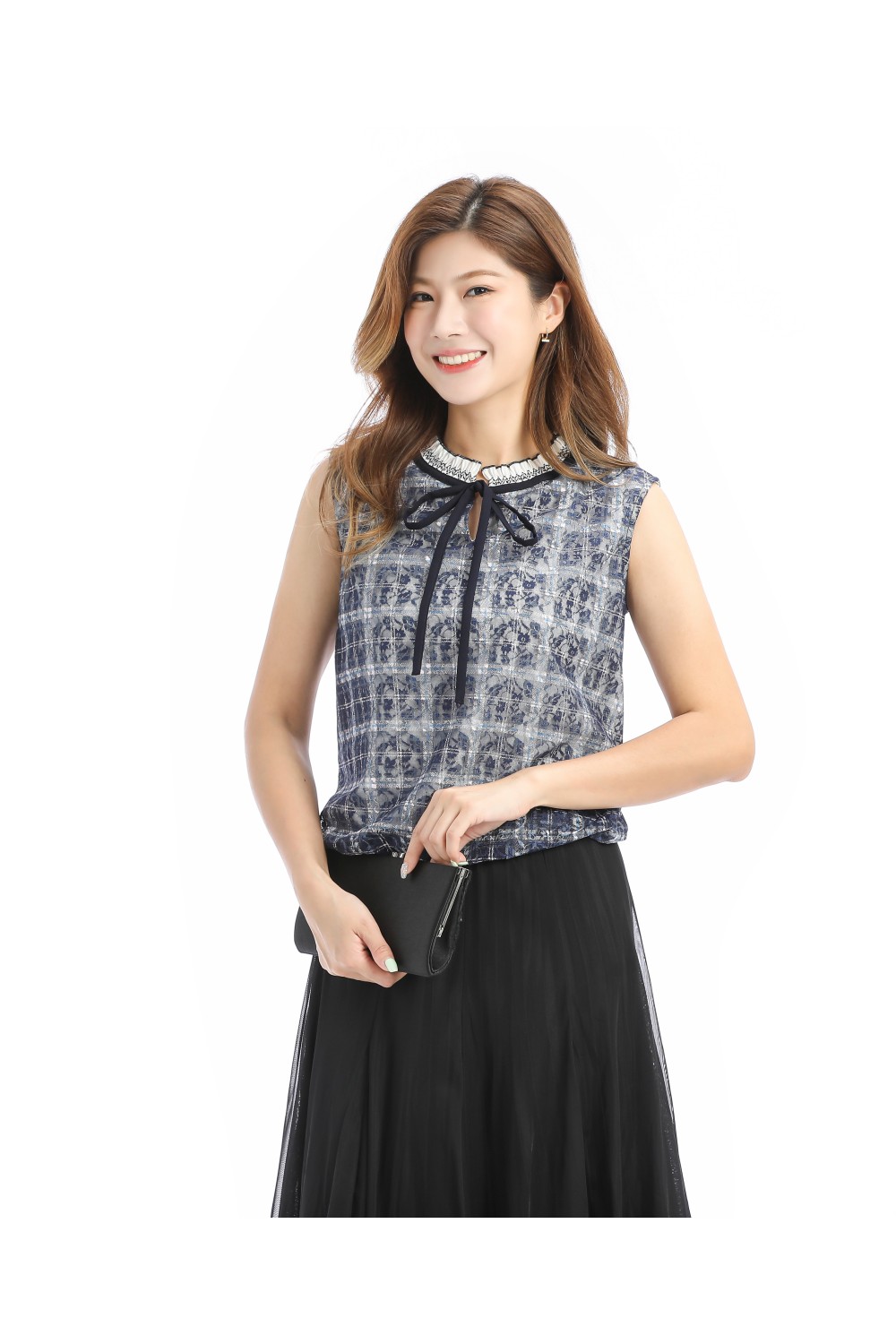 Stand Collar Print Lace Sleeveless Top