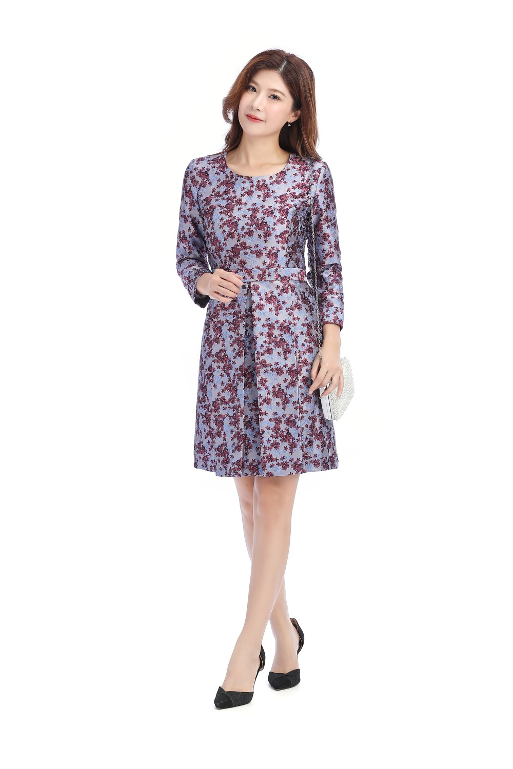 Purple Jacquard Long Sleeve Dress