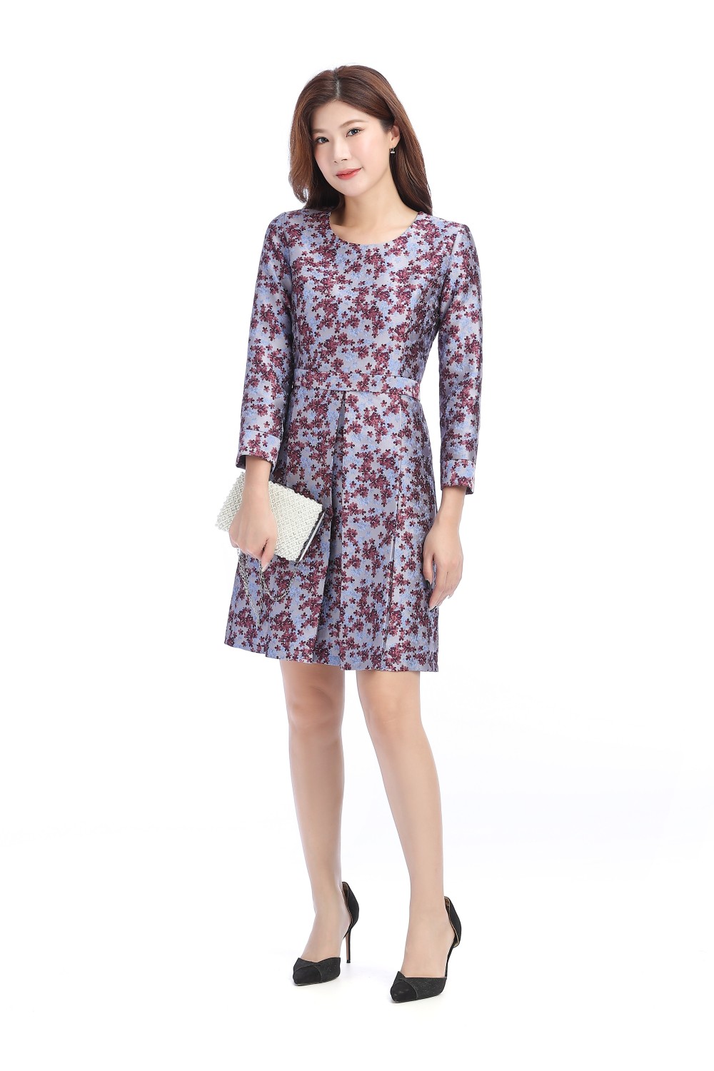 Purple Jacquard Long Sleeve Dress