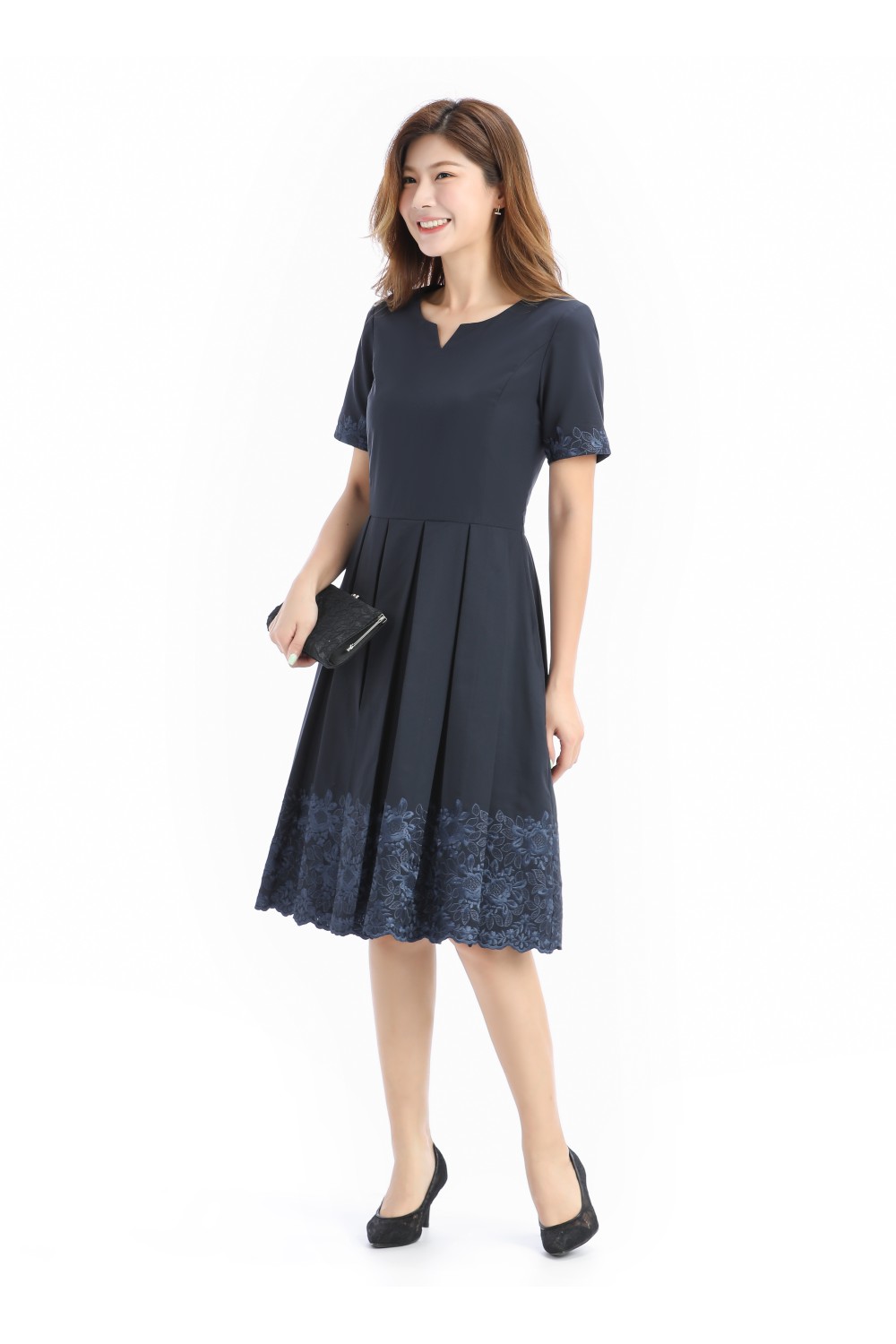Navy Long Dress W/Embroidery
